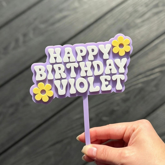 Custom Flower Happy Birthday • Double Layer Cake Topper • 120mm